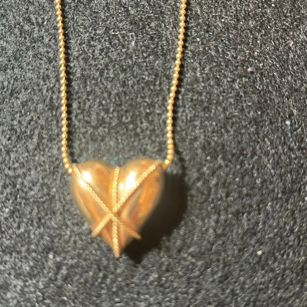 14K Puffed Gold Heart Necklace on Beaded 
Chain - Picture 2 of 6